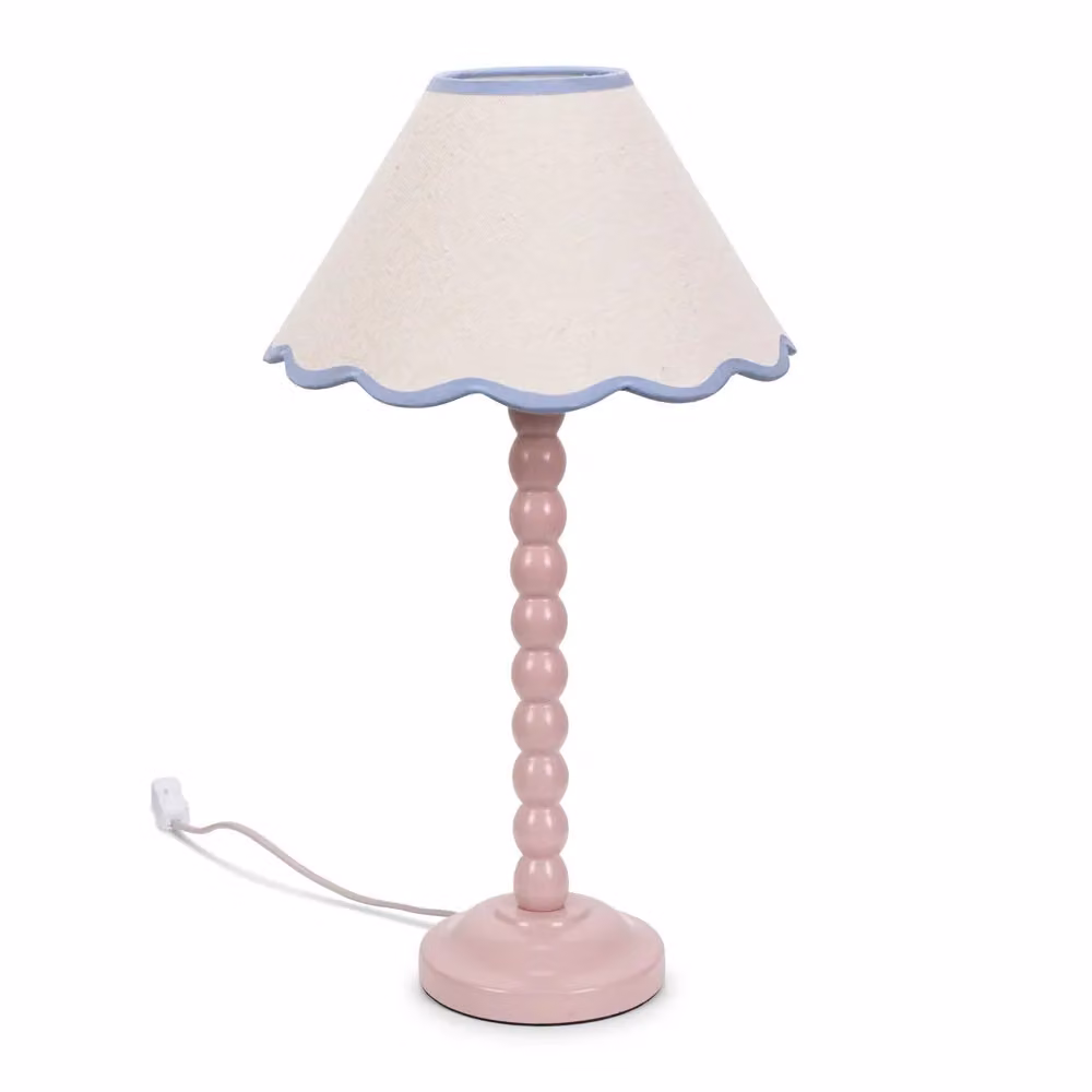 ValueLights Rose Pink Bobbin Stem Table Lamp with Blue Trim Scallop Fabric Shade and Black Wood Base – 2