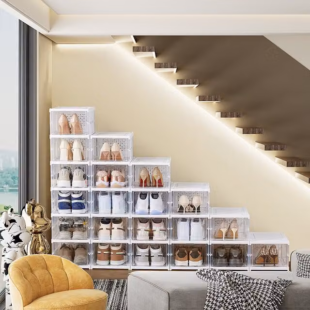 Periea Camile 6 Compartment Shoe Storage Tower, Pack of 2, Clear and White, W/D/H: 34.5 x 25.5 x 20.0 cm
