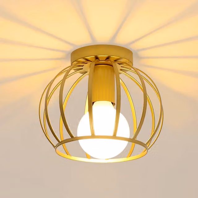 Pheashine Gold Metal Cage Semi-Flush Ceiling Light with E27 Vintage Design