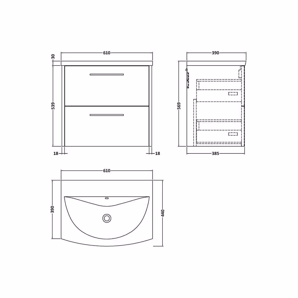 Balterley Winshill Contemporary 2 Drawer Wall Hung Vanity Basin Unit, Grey, Width: 60 cm – 3