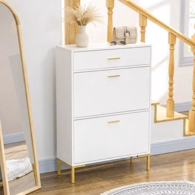 STILVORA Modern White Matt Shoe Cabinet with Tilting Compartments, Internal Drawers and Shelves – 1