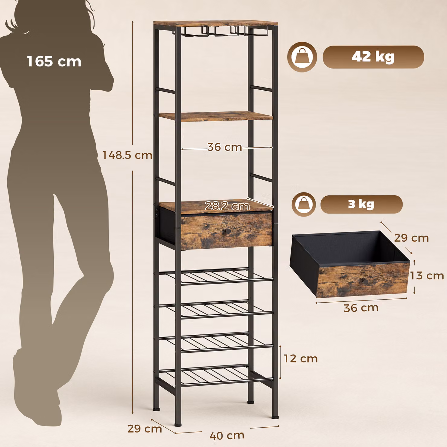 HOMCOM Industrial Freestanding Wine Bar Cabinet with 16-Bottle Rack and Glass Holder in Rustic Brown, W: 60 cm, D: 29 cm, H: 148.5 cm – 3