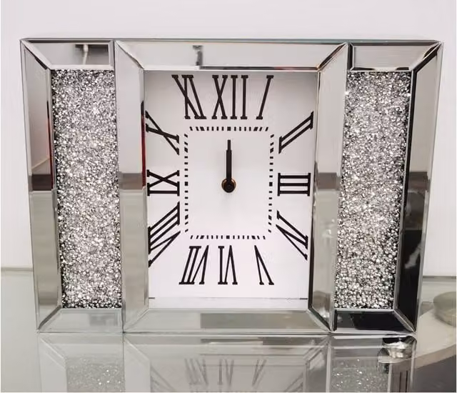 Biznest Silver Crushed Diamante Mirror Wall Clock with Quartz Analog Movement