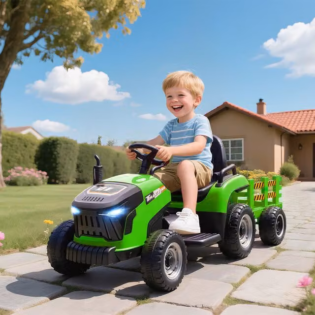 AIYAPLAY 12V Electric Ride on Tractor and Trailer in Green