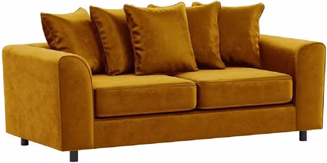 Furnishings For Less UK Brooklyn 3 Seater Sofa in Gold Plush Velvet with Scatter Back and Foam Upholstery