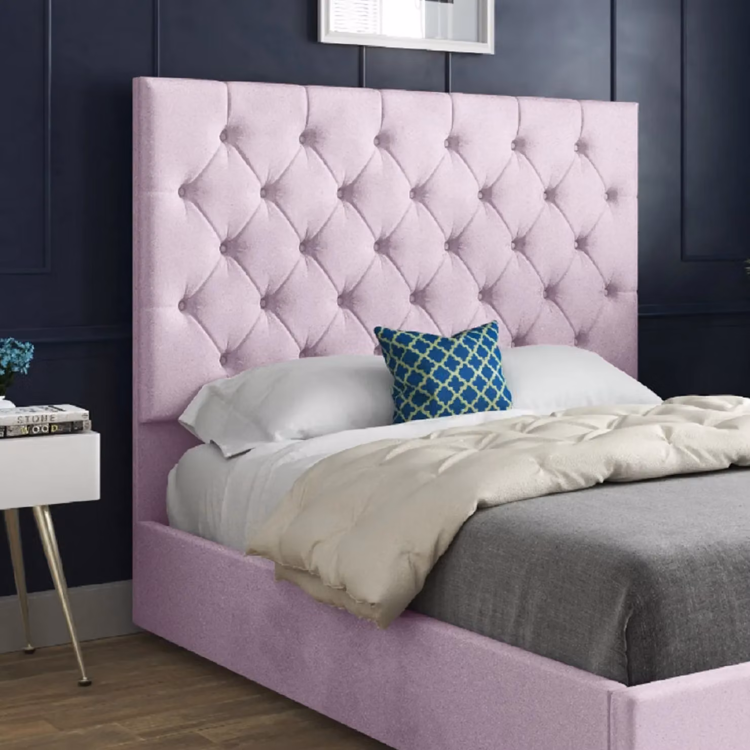 Casani Alma Upholstered Soft Velvet Bed Frame in Pink, W/D/H: 200 x 200 x 189 cm – 2