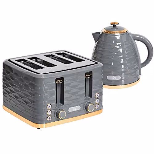 HOMCOM Kettle and 4 Slice Toaster Set in Grey with 1.7L Rapid Boil Kettle and 1600W Toaster featuring Auto Shut-off – 1