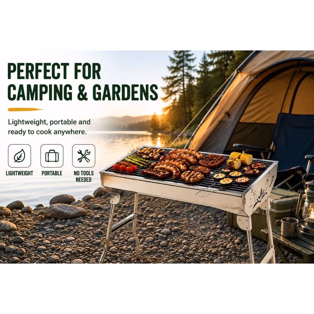 House of Home Portable Charcoal BBQ Grill, Folding Stainless Steel Tabletop Barbecue in Silver, W/D/H: 68.8 x 29.5 x 70.0 cm – 3