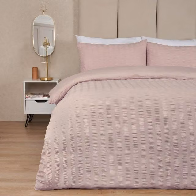 OHS Seersucker Duvet Set with Pillowcase in Beige or Pink, Cotton and Polyester Blend