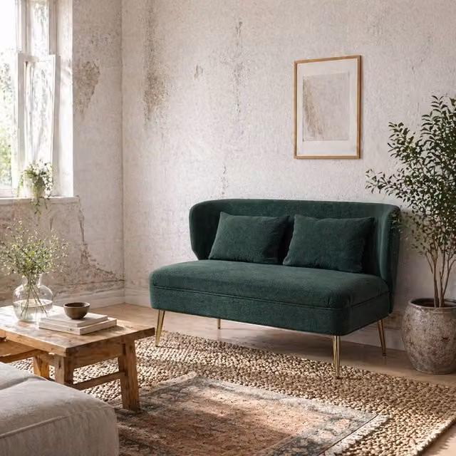 Wyld Haus Madi 2 Seater Wingback Sofa in Dark Green Linen Effect Fabric with Gold Metal Legs, W/D/H: 117 x 78.5 x 65 cm – 1