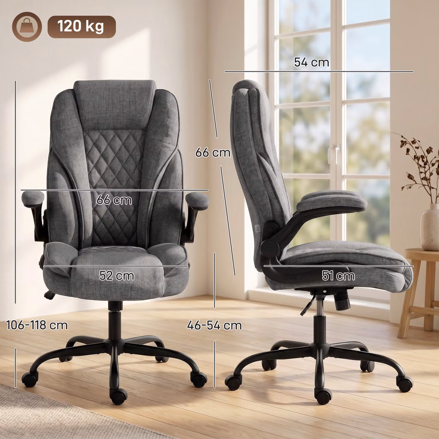 HOMCOM Ergonomic Grey Fabric Office Chair with Adjustable Height and Swivel Castors – 3