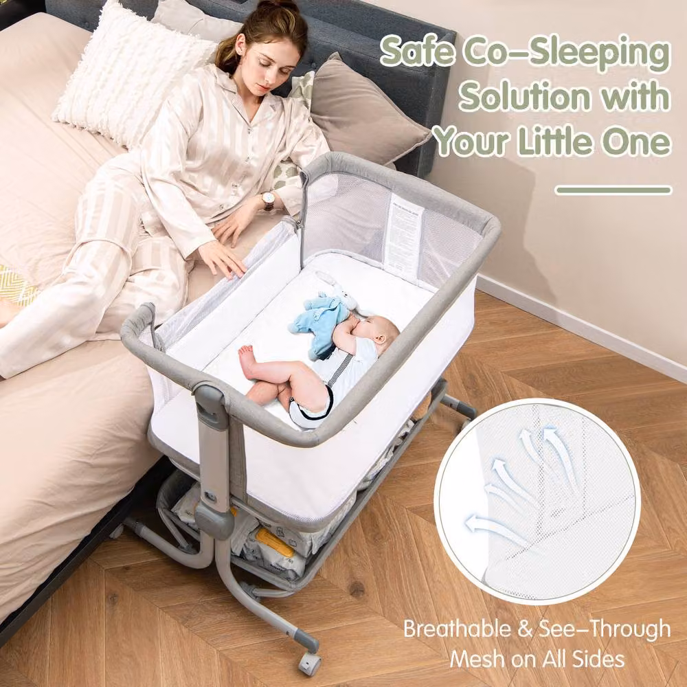 Gymax Adjustable Height Folding Bassinet and Bedside Crib for Infants in Light Grey – 2