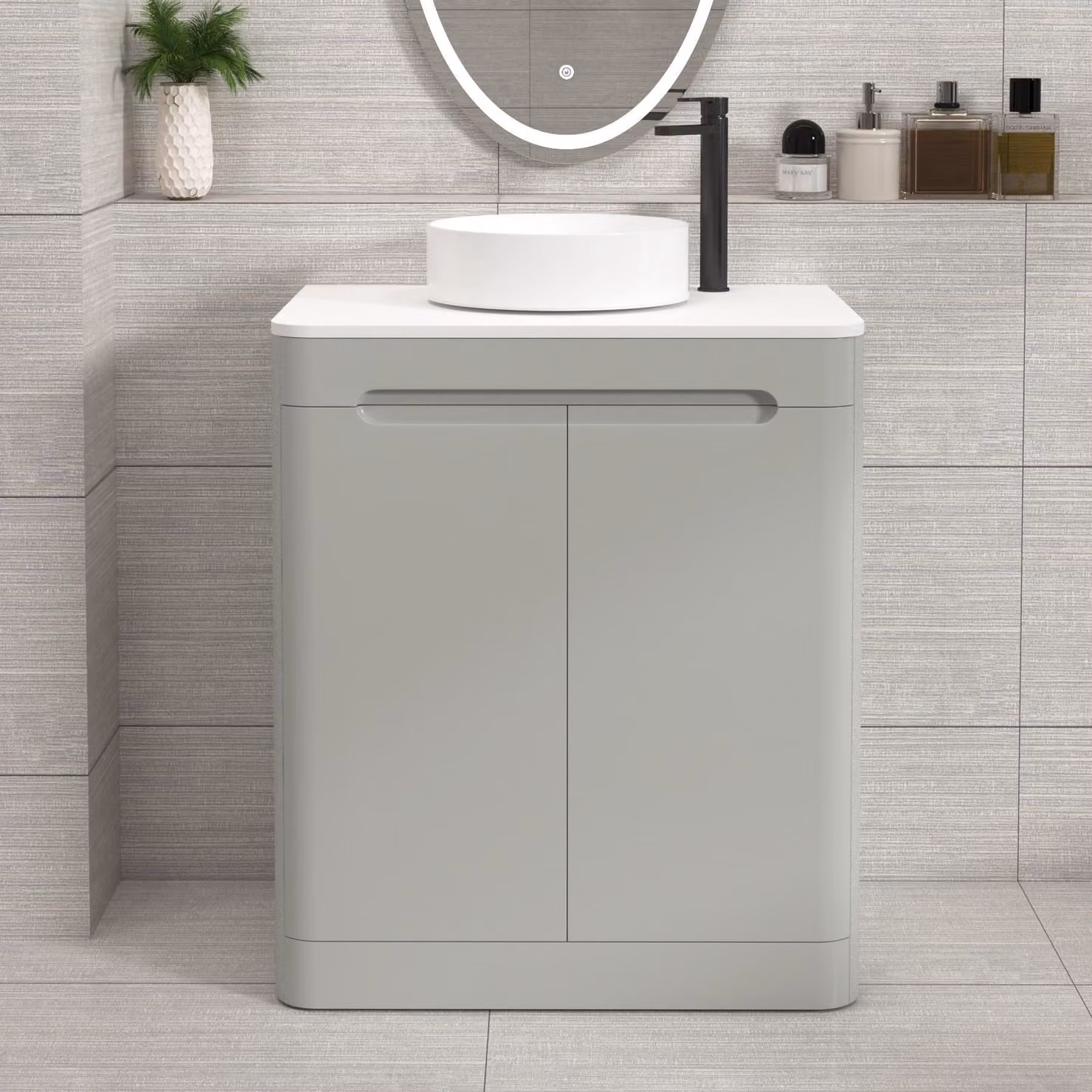 Royal Bathrooms Venice 700mm Dove Grey Floor Standing 2 Door Vanity Unit with Plain White Worktop and Art Deco Basin