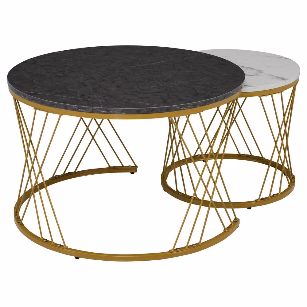 ModernLuxe Set of 2 Nesting Coffee Tables with Multicolour Marble Effect Tops and Gold Metal Frames – 6