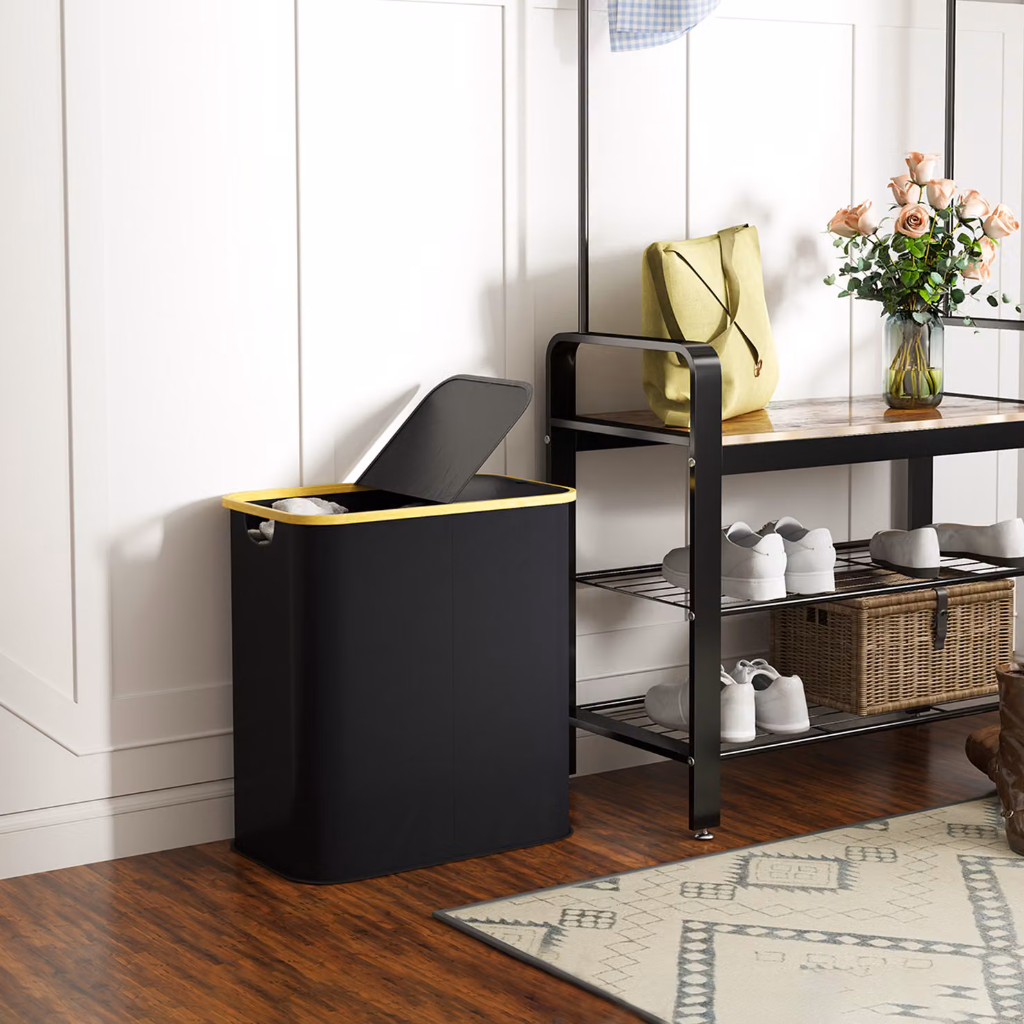 HOMCOM Double Collapsible Laundry Basket with Lid and Groove Handles, 80L, Black – 7