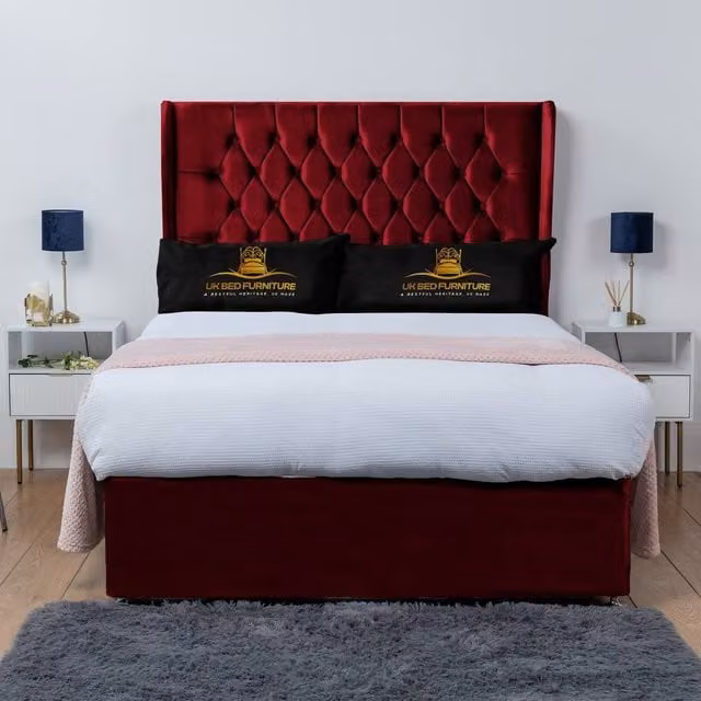 UK Bed Furniture Mary Winged Divan Bed Base with 54 Inch Buttoned Headboard in Maroon Velvet, Super King, W/D/H: 200 x 200 cm