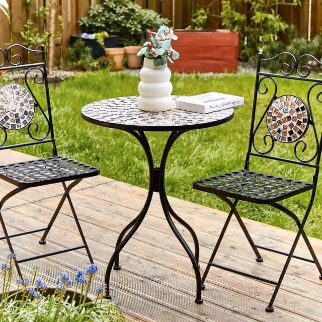 Wyld and Coco Garden Bistro Table with Black Metal Geometric Mosaic Top, Diameter: 60 cm – 1