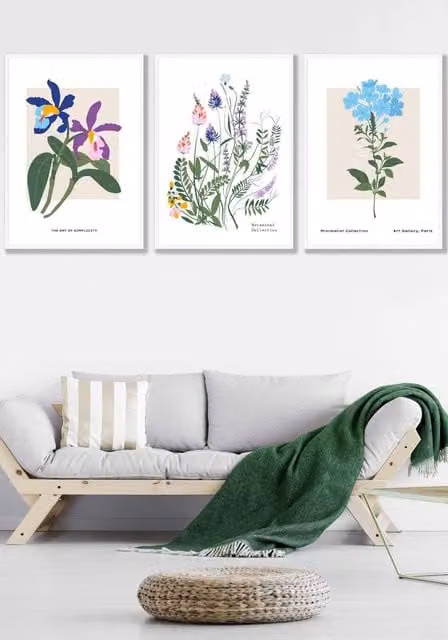 ARTZE Set of 3 Vintage Floral Botanical Wall Art Illustrations in White Frames, Multicolour, W: 53 cm, H: 73 cm, D: 2 cm