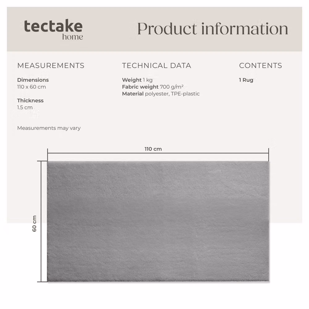 tectake Grey Fluffy Short-Pile Rug, Washable and Allergy-Friendly with Non-Slip Underside, W/D: 60 x 110 cm – 4