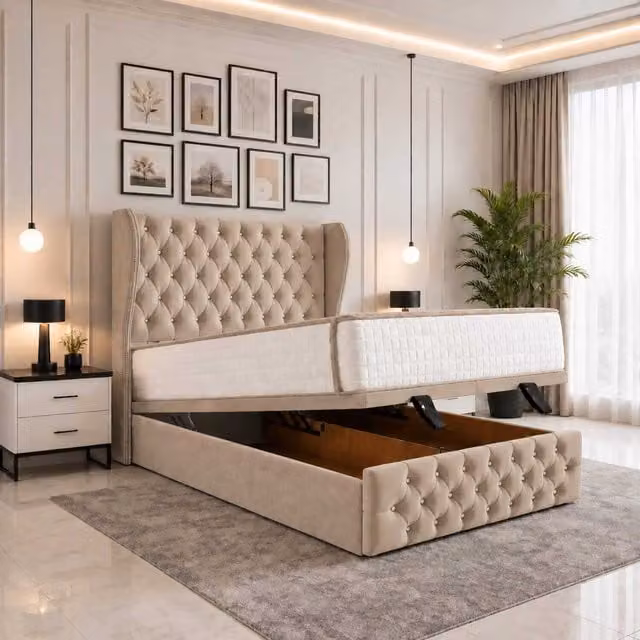 Luvessa Modern Upholstered Ottoman Storage Bed with Wingback Headboard in Beige Fabric