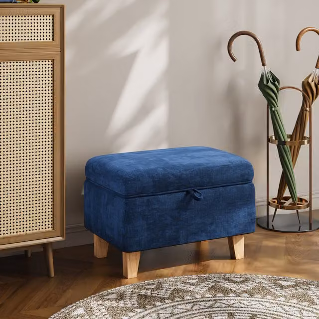 Livingandhome Modern Rectangular Upholstered Storage Ottoman in Blue Fabric