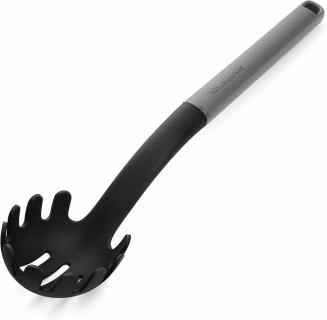 KitchenAid Round Nylon and Silicone Skimmer Pasta Server in Grey and White, Heat Resistant and Dishwasher Safe