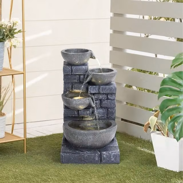 Lifeideas Grey Solar Cascading Round Outdoor Fountain, W: 45 cm, D: 24 cm