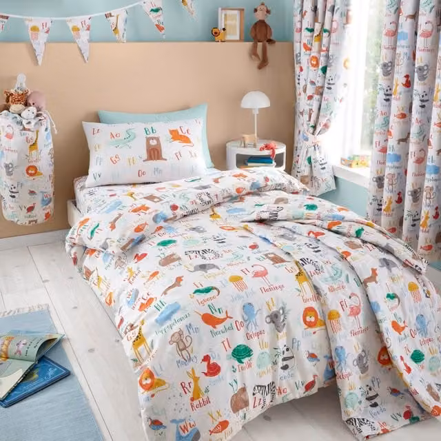 Happy Linen Company Animal Alphabet Kids Bedding Duvet Cover and Pillowcase Set, White, Reversible, Pillowcase: 40 x 60 cm