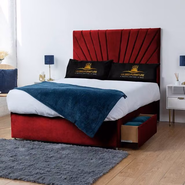 UK Bed Furniture Sunrise Divan Bed with 2 Drawers on Same Side and 26 Inch Headboard in Maroon Velvet, King Size, W/D/H: 180 x 200 cm – 1