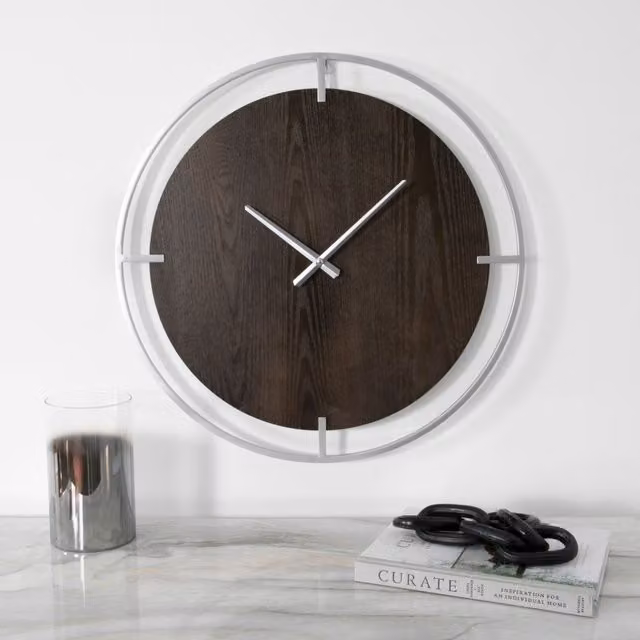 Native Home & Lifestyle Minimalist Round Analog Wall Clock in White and Silver with Wood and Metal Details