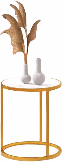 Pirlo Plush Set of 2 Round Marble and Metal Bedside Tables in Gold and White