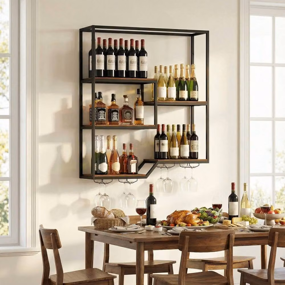 Costway 5-Tier Wall Mounted Industrial Wine Display Shelf with Glass Holders in Brown – 3
