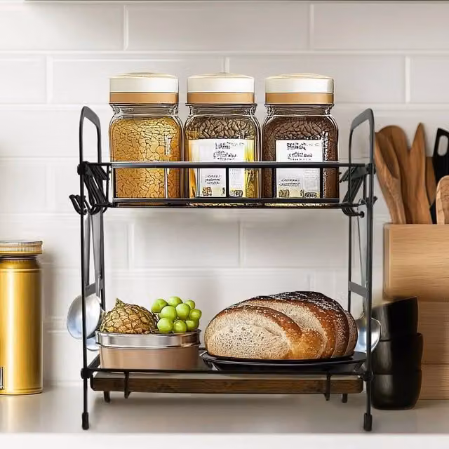 KORVIXA Brown Metal and Wood Freestanding Coffee Mug Rack with Shelf – 1
