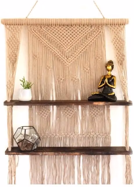 KDMD Brown Rustic Macrame Hanging Wall Shelves with Wood Storage