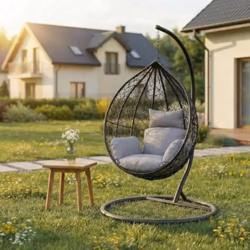 Alivio Grey Rattan Hanging Egg Chair with Stand and Cushions for Garden and Balcony – 1
