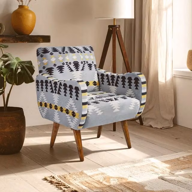 Fifty Five South Orsina Kilim Style Armchair with Mango Wood Frame and Multicolour Geometric Fabric – 1