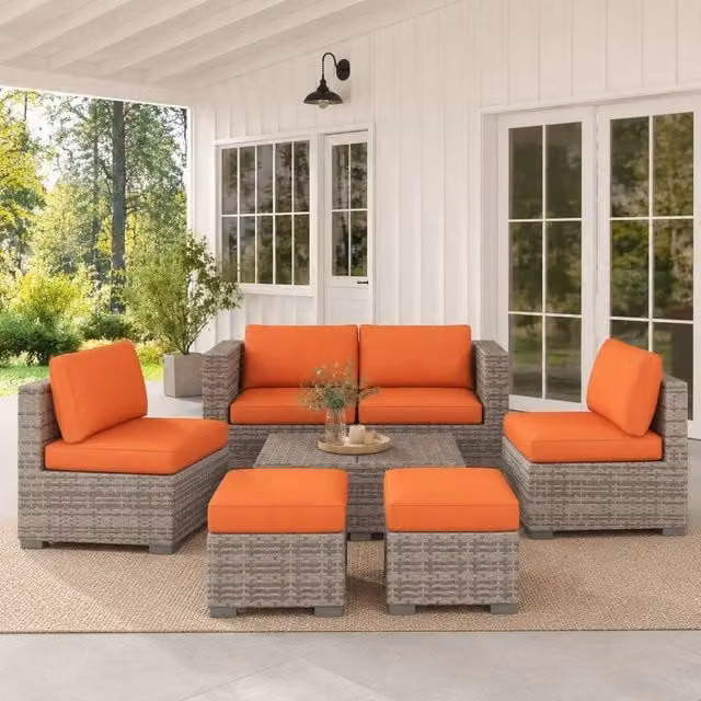 STILVORA 6-Seater Modern Sofa with Footstools in Orange with Metal and Rattan Details – 1