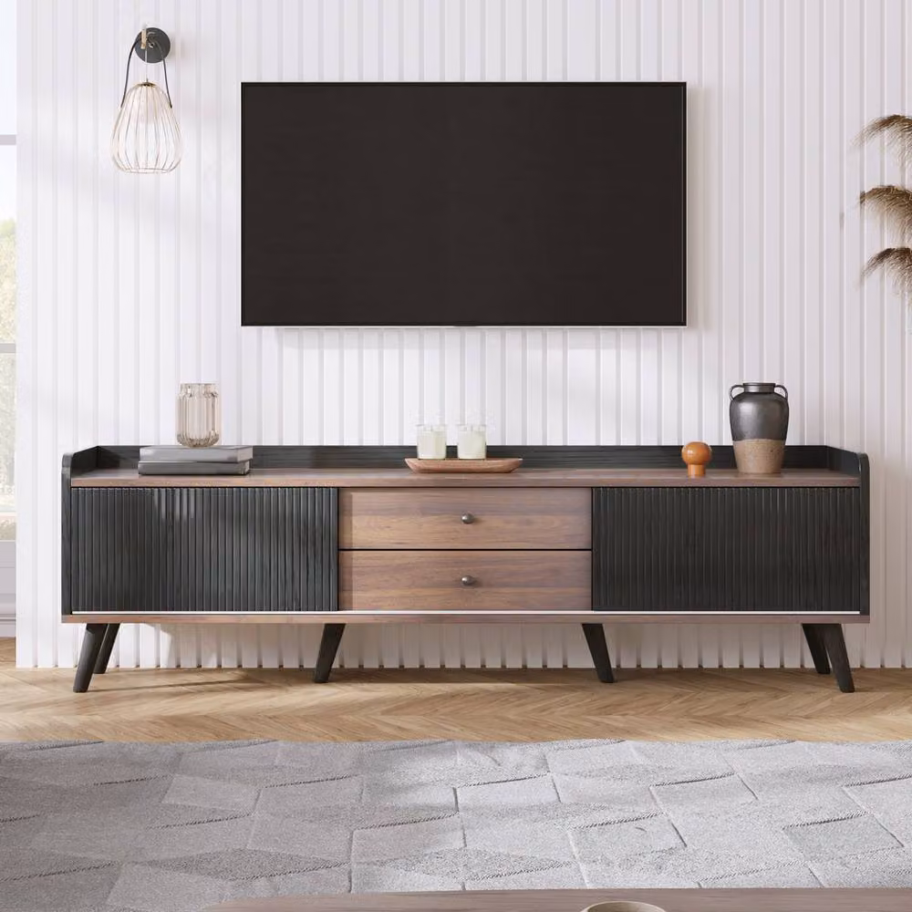 Rolipo Modern TV Stand with Striped Sliding Doors in Black and Wood, W: 160 cm – 3