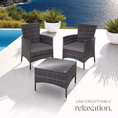 tectake Lucerne Rattan Garden Bistro Set in Grey with Glass Tabletop and Beige and Grey Cushions for 2 Adults – 8