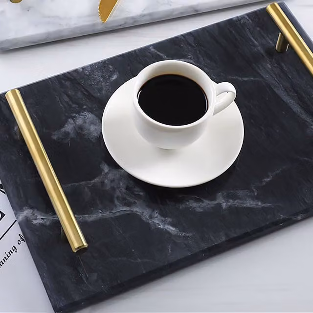 Maison Des Cadeaux Rectangular Black Marble Tray with Gold Metal Handles