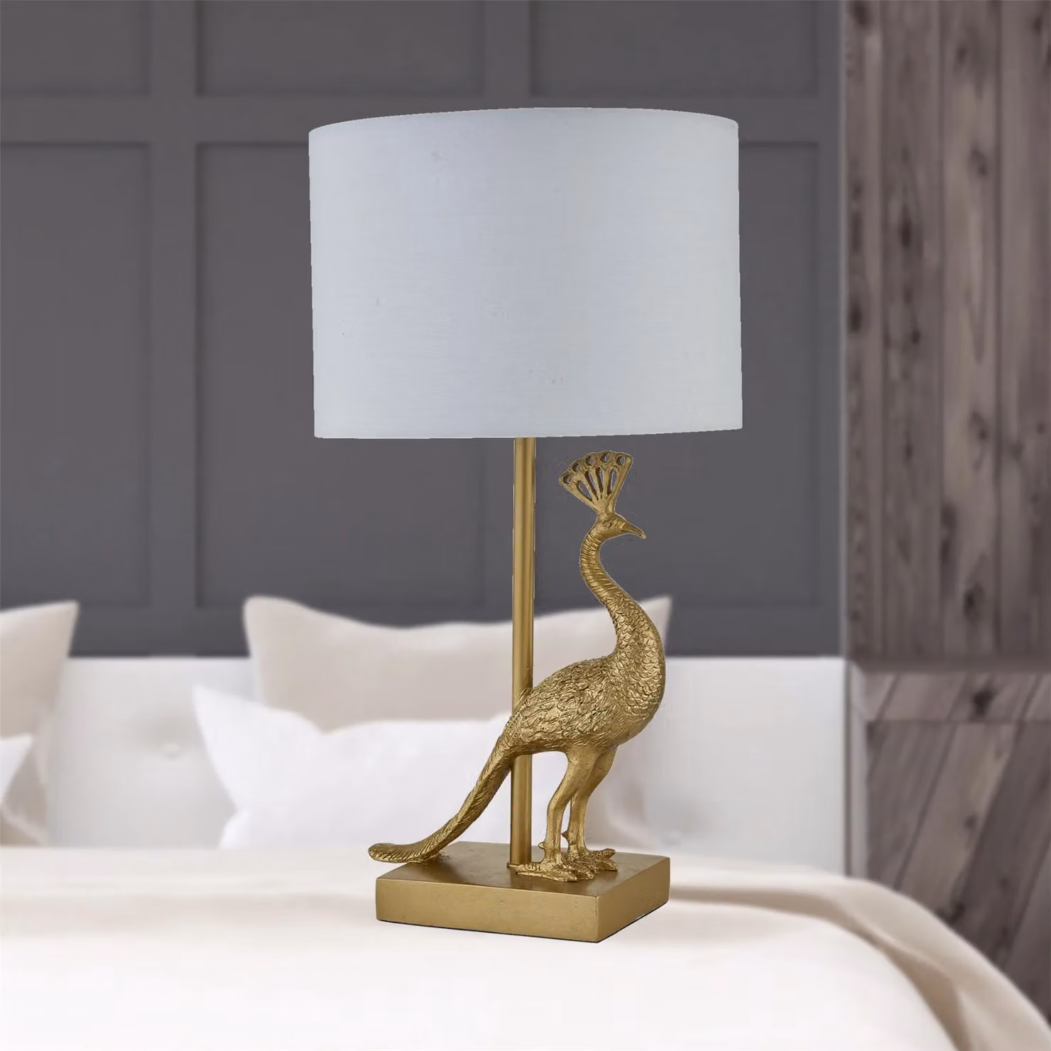 First Choice Lighting Majestic Gold Peacock Table Lamp with White Fabric Shade – 2