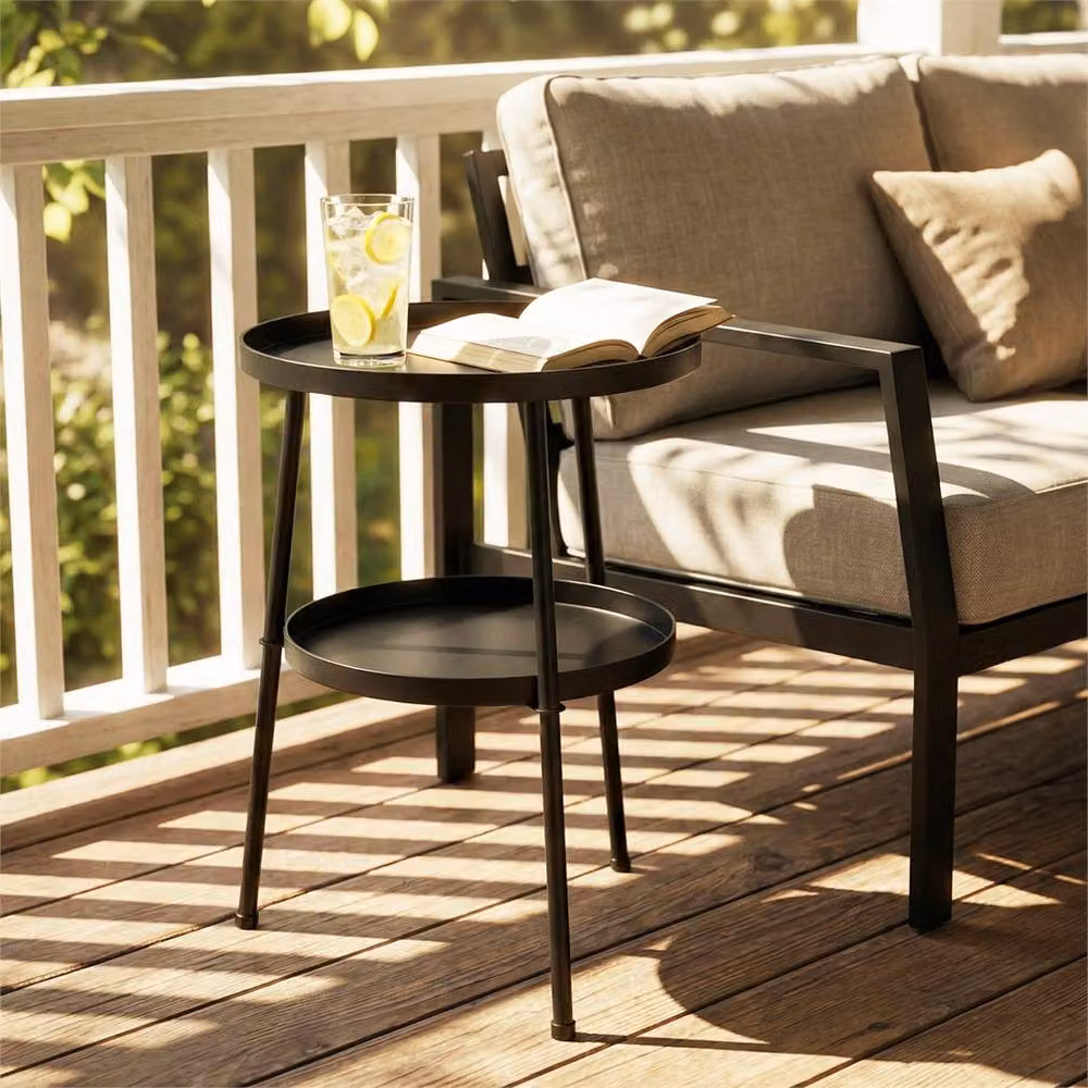 Nordara Black 2-Tier Round Coffee End Table in Matt Black Metal, Diameter: 100 cm – 5