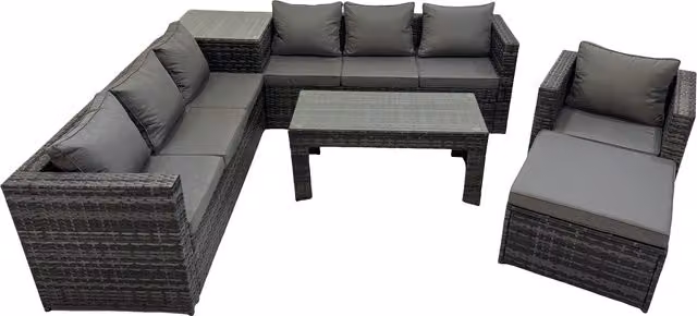 Fimous 8-Seater L-Shape Garden Rattan Corner Sofa Set in Dark Grey with Coffee Table and Ottoman