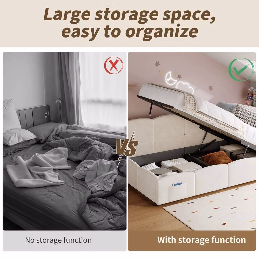 Rolipo Modern Childrens Upholstered Velvet Bed in Beige with USB Charging Port and Lift Up Base, W/D/H: 90 x 190 cm – 4