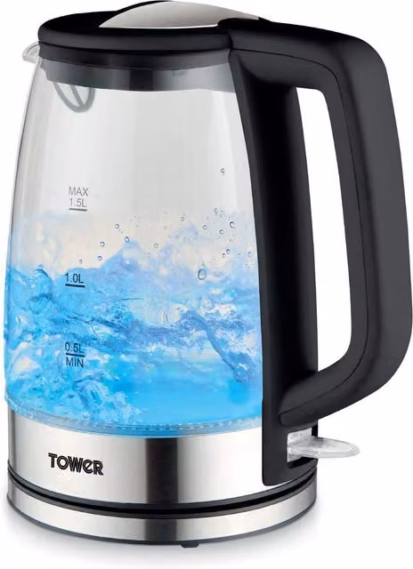 Tower 1.7 l Glass Kettle with Auto Shut-off in Silver and Blue