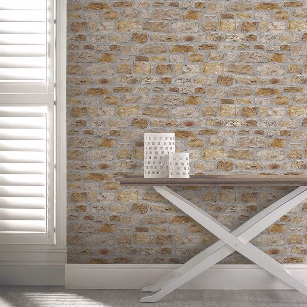Arthouse Country Stone Rustic Wallpaper in Yellow and Beige – 2