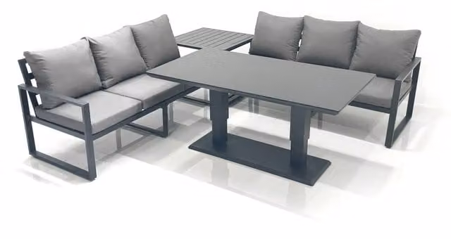 Fimous 6 Seater Aluminium Outdoor Garden Furniture Set with Adjustable Rising Lifting Dining Table, 3 Seater Sofa and Side Table in Dark Grey