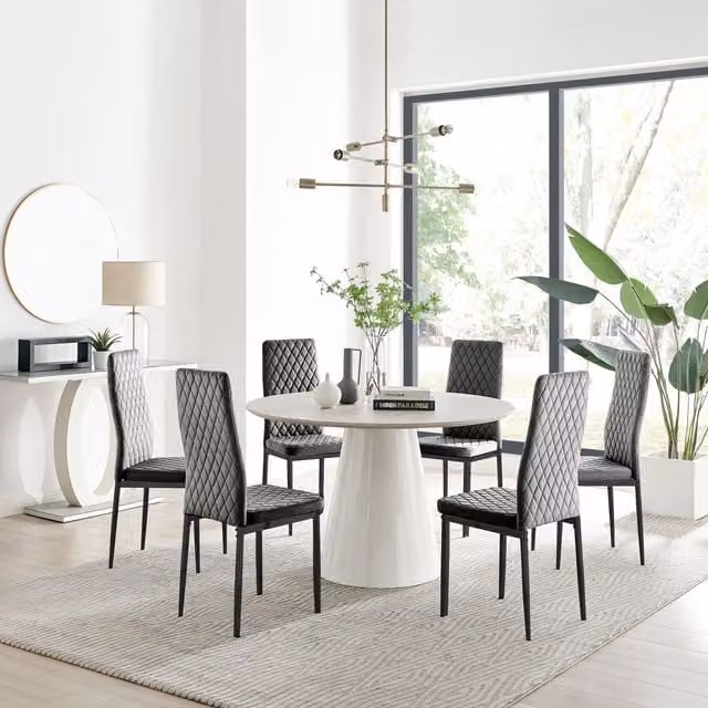 Furniturebox Palma Beige Stone Effect Round Dining Table and 6 Milan Black Leg Chairs Set