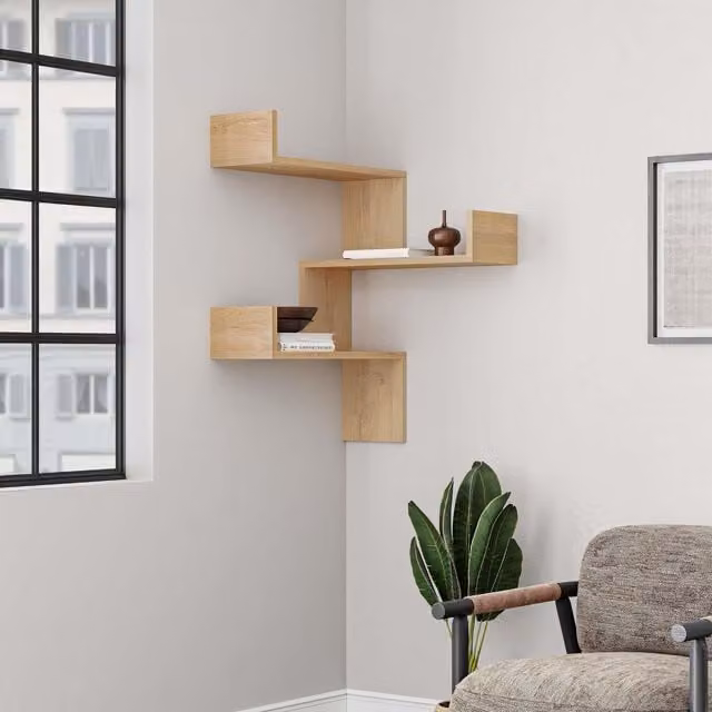 Decortie Luksa Wall Shelf Corner Bookcase with Zigzag Design in Natural Wood, W/D/H: 60 x 9 x 90 cm