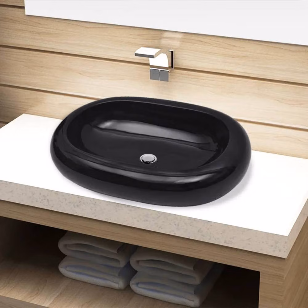Berkfield Home Ceramic Oval Bathroom Sink Basin, Black, W: 42.0 cm, D: 42.0 cm, H: 12.0 cm – 2